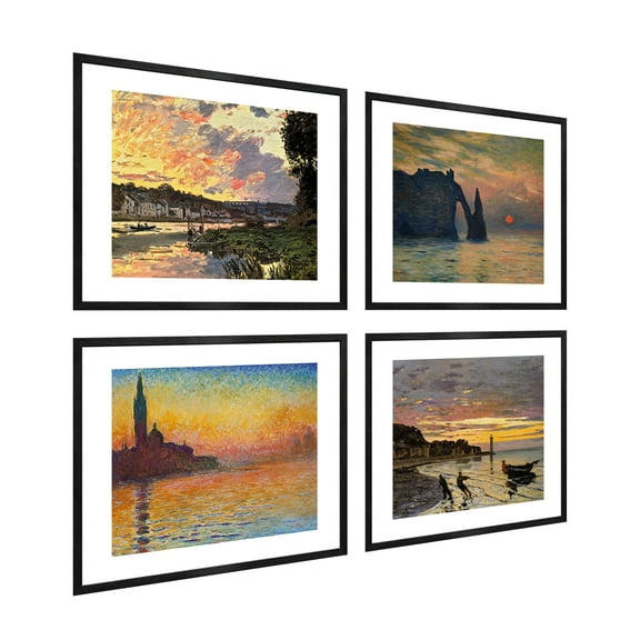 Monet Wall Art 4 Pcs,Claude Monet Print,San Giorgio Maggiore at Dusk Fields Painting,Claude Monet Water Lilies Poster,Monet Framed Art For Wall Decor