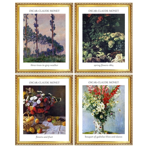 Monet Wall Art 4 Pcs,Claude Monet Print,Still Life Flower and Fruit Painting,Claude Monet Flowers Poster,Monet Framed Art For Wall Decor