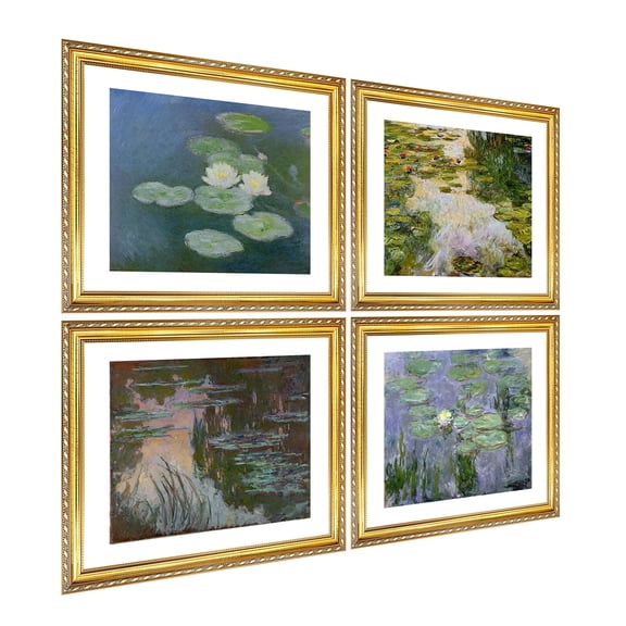 Monet Wall Art 4 Pcs,Claude Monet Print,Water Lilies Painting,Claude Monet Waterlily Poster,Monet Framed Art For Wall Decor