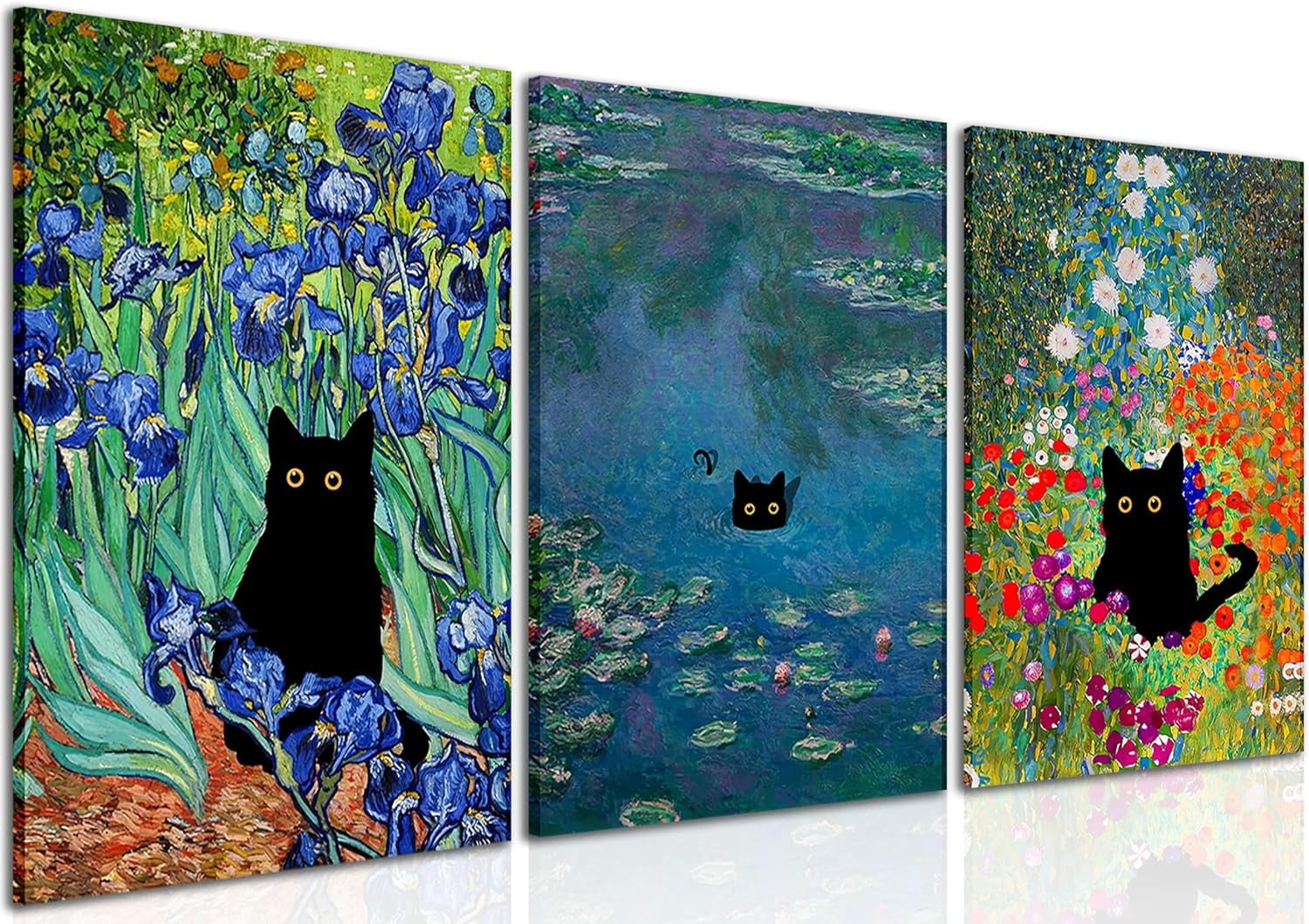 Monet Wall Art Set of 3 - Funny Cat in Water Lilies Canvas Paintings ...