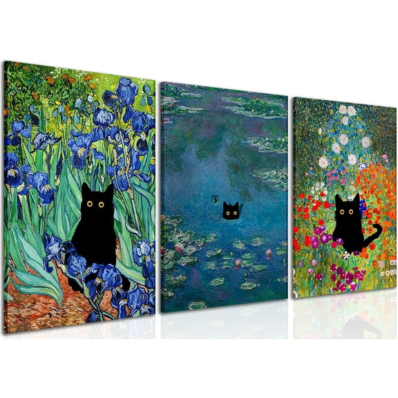 Monet Wall Art Set of 3 - Funny Cat in Water Lilies Canvas Paintings Prints, Garden Flowers Black Cat Aesthetic Pictures for Room Bedroom Living Room Bathroom 12x16 Framed