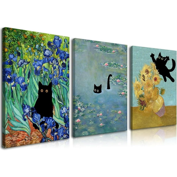 Monet Wall Art Set of 3 - Funny Cat in Water Lilies Canvas Paintings Prints, Garden Flowers Black Cat Aesthetic Pictures for Room Bedroom Living Room Bathroom 12x16 Framed