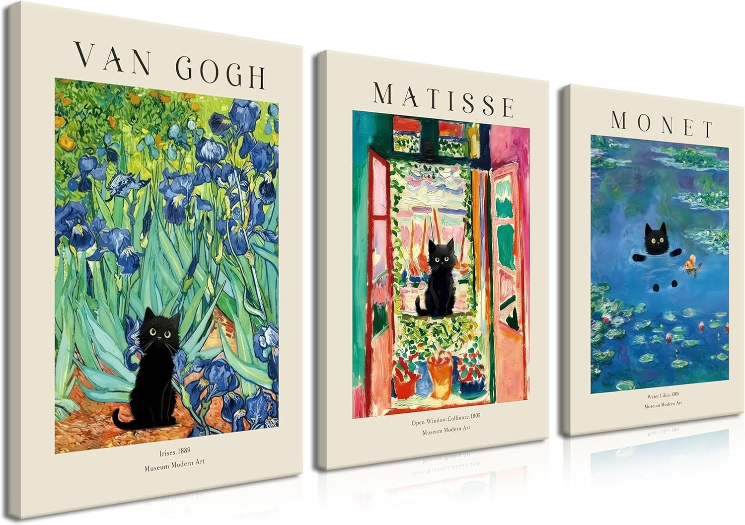 Monet Wall Art Set of 3 - Funny Cat in Water Lilies Canvas Paintings ...
