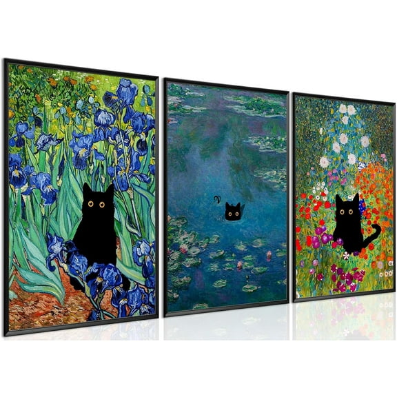 Monet Wall Art Set of 3 - Funny Cat in Water Lilies Canvas Paintings Prints, Garden Flowers Black Cat Aesthetic Pictures for Room Bedroom Living Room Bathroom 16x24 in Black Framed