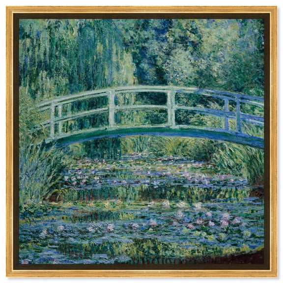 Monet-Water Lilies And Japanese Bridge Blue Monet Art Prints Canvas Wall Art by Art Remedy, Gold Floater Frame, 16"x16"