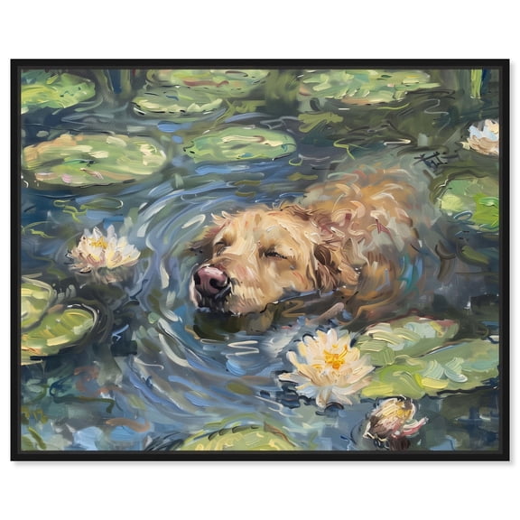 Monet Water Lilies Dog Rustic Chic Farmhouse Canvas Wall Art by Art Remedy, Black Floater Frame, 20"x16"