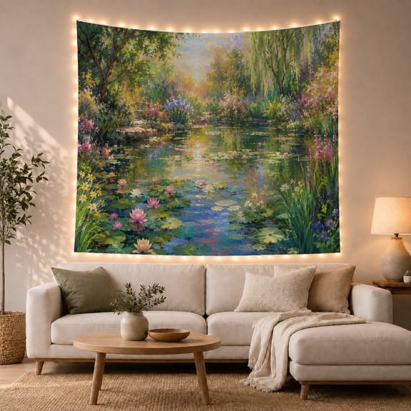 Monet Water Lilies in Tranquil Garden, Dreamy Impressionist Art for Nature Lovers, Botanical Wall Art, Housewarming Gift Tapestry Wall Hanging for Bedroom, Living Room and Dorm