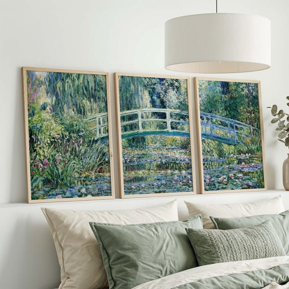 Monet Water Lilies Triptych Art Print Japanese Bridge Impressionist Calming Bedroom Living Room Set 3 Unframed Paper Print 16x24