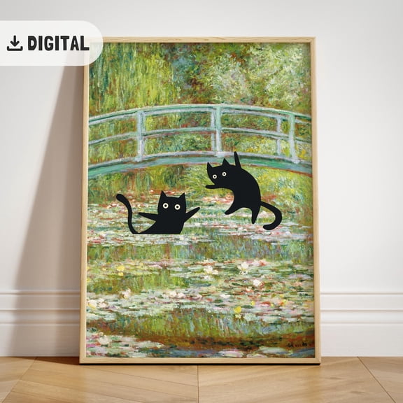 Monet Water Lily Pond Cat Poster, Quirky Black Cat, Whimsical Home Decor, Unframed Poster Size 16x24