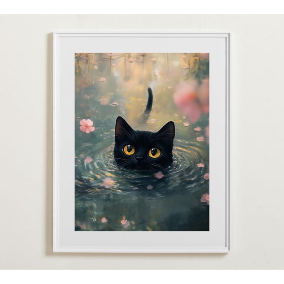 Monet Waterlily Black Cat Wall Art, Tokyo Print, Lotus Decor, Claude Monet Poster, Cat Lover, Gallery Wall Art, Wall Art, Modern Wall Decor, 12x18 UNFRAMED
