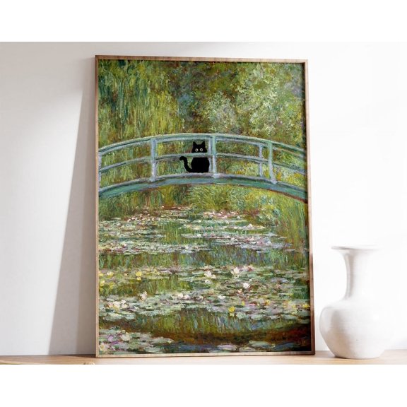 Monet Waterlily Bridge Cat Print, Claude Monet Cat Poster, Cat Art, Cat Gift, Animal Art, Floral Print, Wall Art Decor Wall Art, Modern Wall Decor, 12x18 UNFRAMED