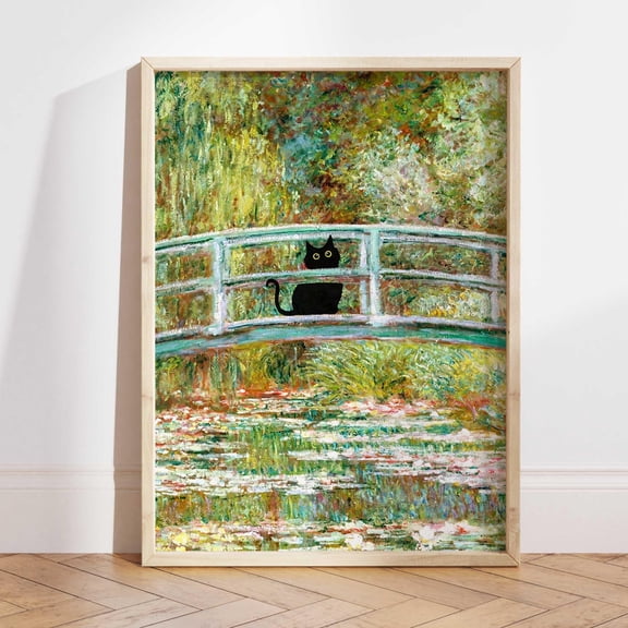 Monet Waterlily Cat Claude Monet Black Cat Floral Wall Picture, Stretched Canvas 16x20in