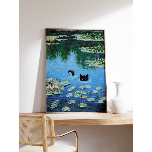 Monet Waterlily Cat Poster, Unframed Paper Poster 8x10in