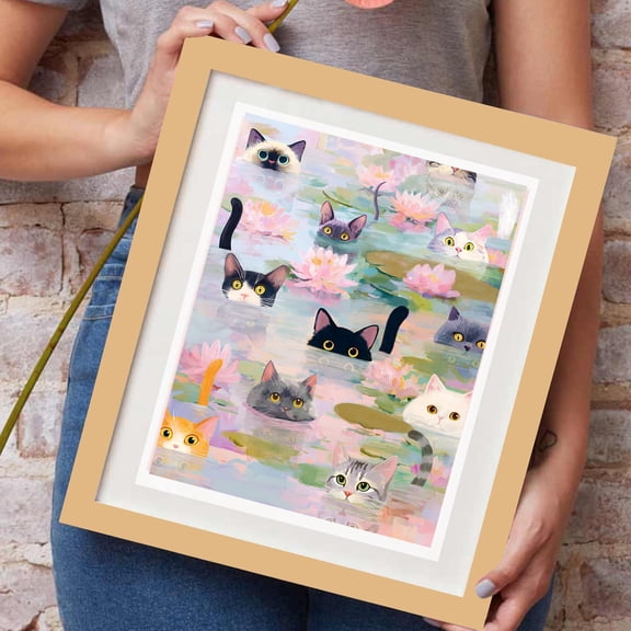 Monet Waterlily Cat Print Funny Gift Floral Print Wall Hanging Office Gift Claude Monet Black Cat Poster Funny Print For Bedroom, Poster Only