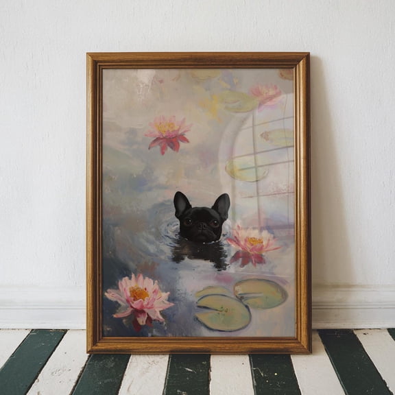 Monet Waterlily French Bulldog Print, Claude Monet Dog, Cat Art, Floral Print, Funny Living Room Wall Art #2738, Unframed Poster Size 8x12