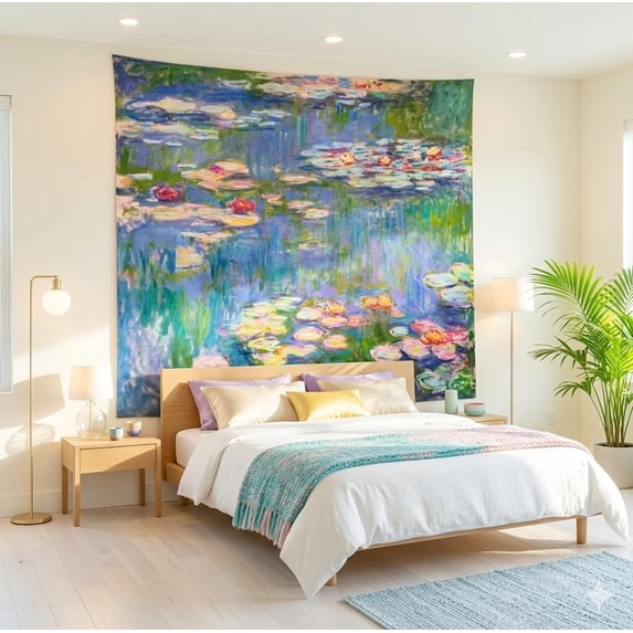 Monet Waterlily Wall Tapestry, Green Floral Plant Art Poster for Bedroom Girls Boys, Small Nature Flower Pond Wall Hanging, Watercolor Tapestries for Living Room Dorm Decor
