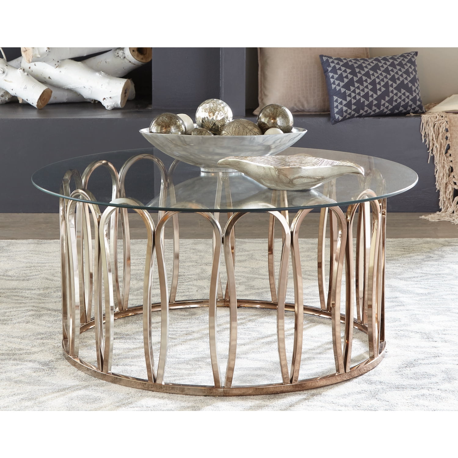 Gold and Glass Round Contemporary Coffee Table