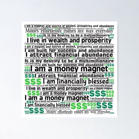 Money Affirmations With Dollar Signs Poster- Unframed Poster | Wall Art | Perfect For Home Decor & Gifts, 8x12