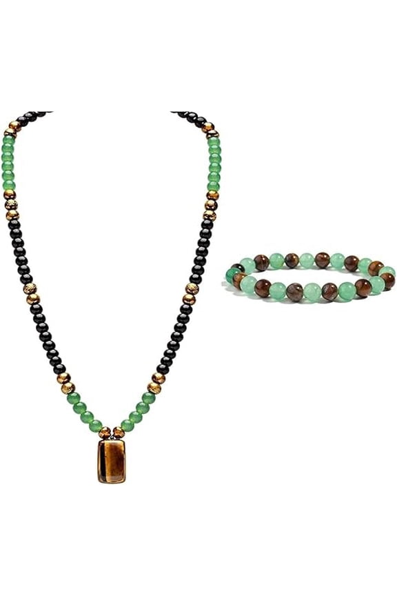 Money Attraction Necklace with Greenaventurine & Tiger Eye Pendant Healing Crystal Stone, 8mm Long Chain Crystal Money Attraction Stone, Gift for Men Women, Necklace(RL)