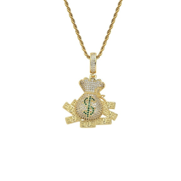 Money Bag 14K Yellow Gold Pendant Necklace With Rope Chain Hip Hop Punk Bling Iced Out Zircon Cool Men's Rock Biker Neck Jewelry Gift