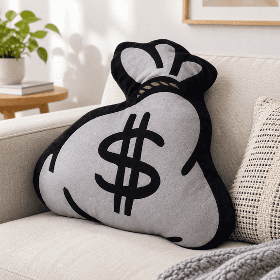Money Bag Graphic Throw Pillow, 14.02 x 12.99 x 3.74 in, Dollar Print Decor Cushion