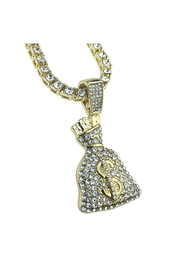 Money Bag Pendant Tennis Chain Gold Finish One Row Iced Hip Hop Necklace 24" Inch