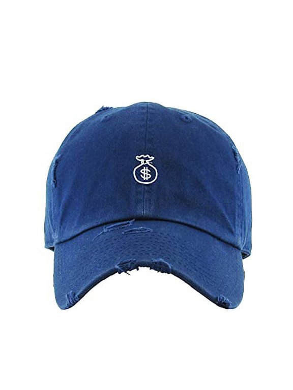 Money Bag Vintage Baseball Cap Embroidered Cotton Adjustable Distressed Dad Hat Navy