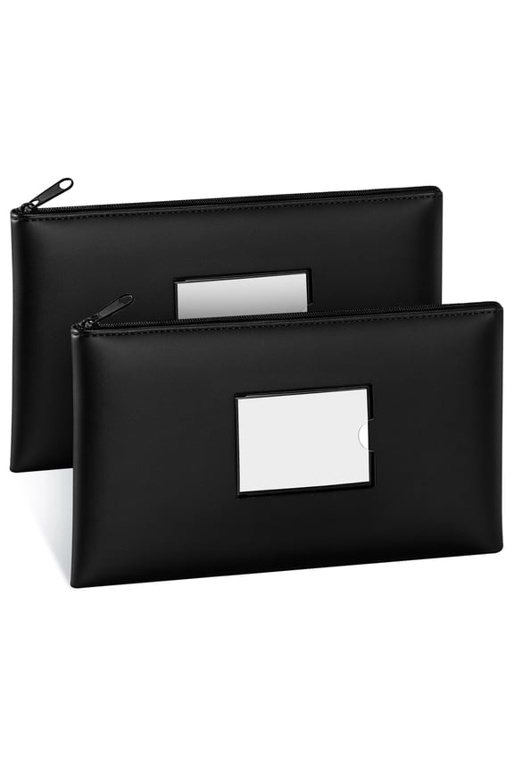 Money Bags with Zipper, 2-Pack Bank Bags with Label, Waterproof Leather Money Pouches, for Cash Coin Bill Invoice Deposit Receipt Storage and Organize, 11.5 x 6.2 Inches (Black)