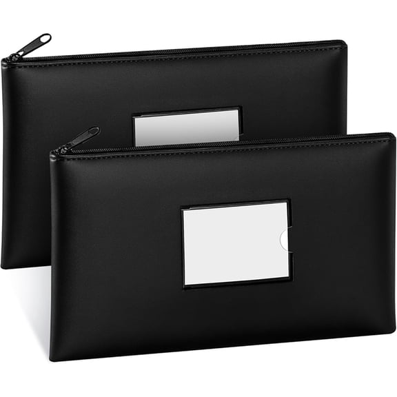 Money Bags with Zipper, 2-Pack Bank Bags with Label, Waterproof Leather Money Pouches,for Cash Coin Bill Invoice Deposit A