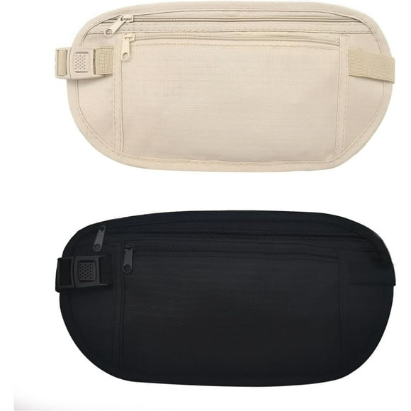Money Belt, Nylon Fanny Pack Hidden Belt Bag with RFID Blocking for Women Men, Anti-theft Waist Pack Under Clothes with Adjustable Buckle for Travel, Running, Hiking, Cycling (khaki+black,2 PCS)