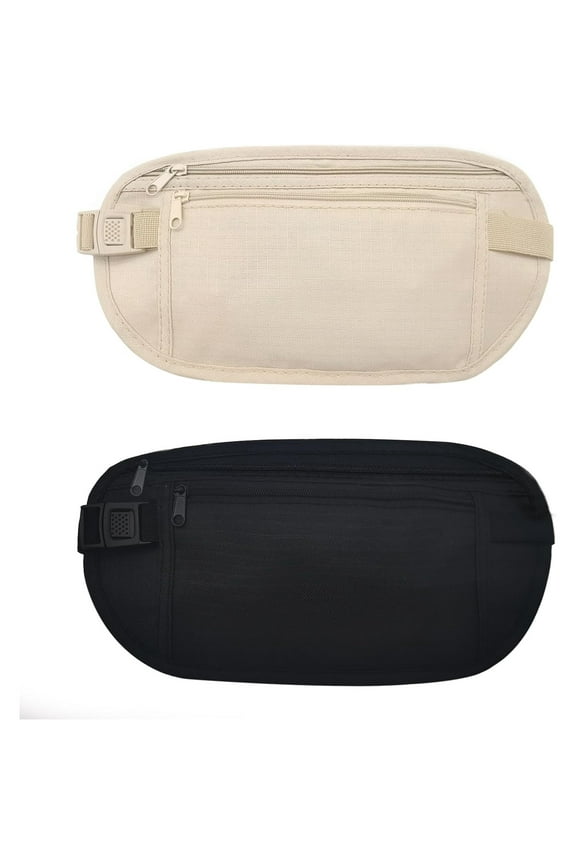Money Belt, Nylon Fanny Pack Hidden Belt Bag with RFID Blocking for Women Men, Anti-theft Waist Pack Under Clothes with Adjustable Buckle for Travel, Running, Hiking, Cycling (khaki+black,2 PCS)