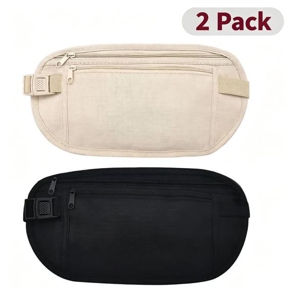 Money Belt, Nylon Fanny Pack Hidden Belt Bag with RFID Blocking for Women Men, Anti-theft Waist Pack Under Clothes with Adjustable Buckle for Travel, Running, Hiking, Cycling (khaki+black,2 PCS)