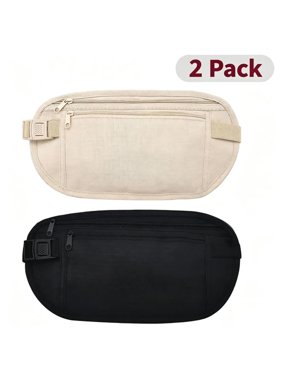 Money Belt, Nylon Fanny Pack Hidden Belt Bag with RFID Blocking for Women Men, Anti-theft Waist Pack Under Clothes with Adjustable Buckle for Travel, Running, Hiking, Cycling (khaki+black,2 PCS)