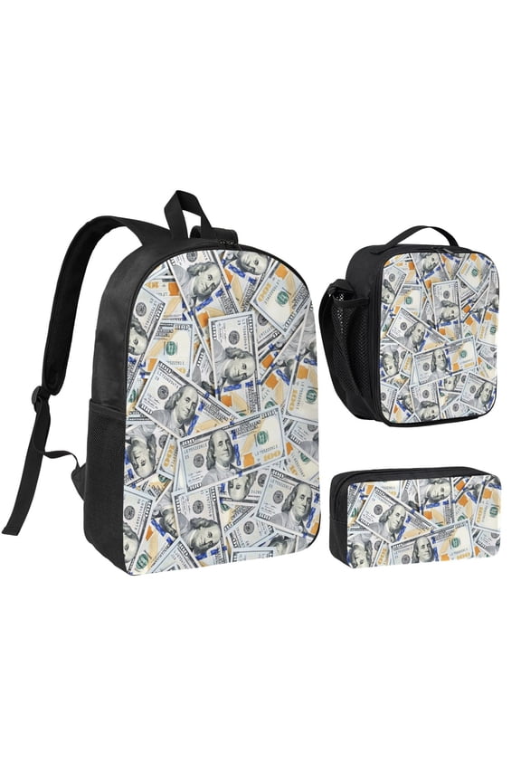 Money Bills Backpack Set 3pc ，Backpack with Lunch Bag and Bag 17 Inch