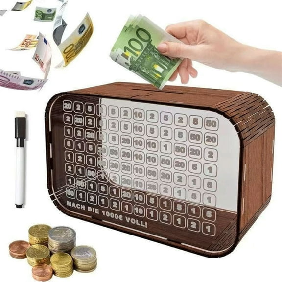Money Box Fully Assembled Wooden Money Saving Challenge Box - Money Box With Counter And Pen To Store Cash Coin(1.5ml) For Adults And Kids 1000$