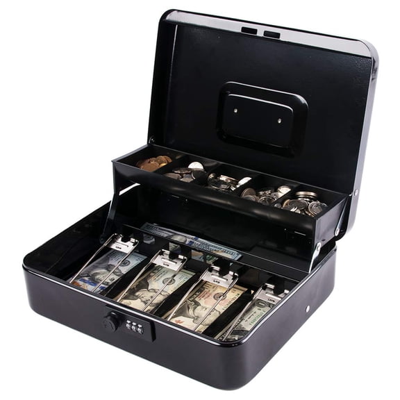 Money Box With Combination Lock, 5 Tray & 4 Spring For Bills,11.81"X 9.45"X 3.54" Colour - Black