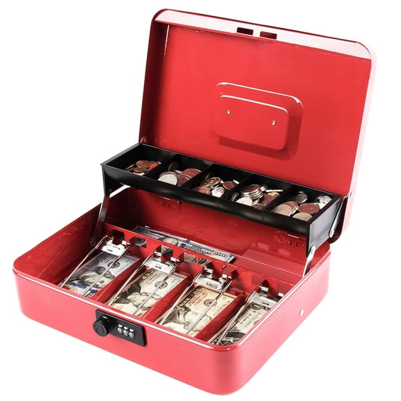 Money Box With Combination Lock, 5 Tray & 4 Spring For Bills,11.81"X 9.45"X 3.54" Colour - Red