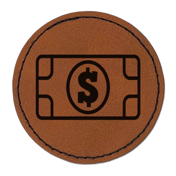 Money Cash Bills 2.5" Faux Leather Round Engraved Iron-On Patch - Brown