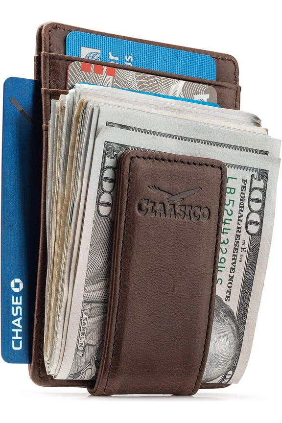 Money Clip Leather Wallet For Men Slim Front Pocket RFID Blocking Card Holder With Super Strong Magnetic