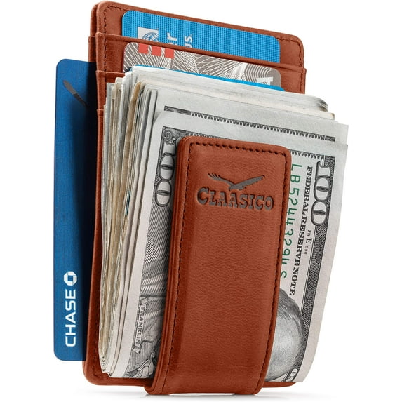 Money Clip Leather Wallet For Men Slim Front Pocket RFID Blocking Card Holder With Super Strong Magnetic