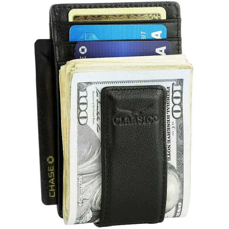 Mens Genuine Leather Magnetic Money Clip Credit Card Holder