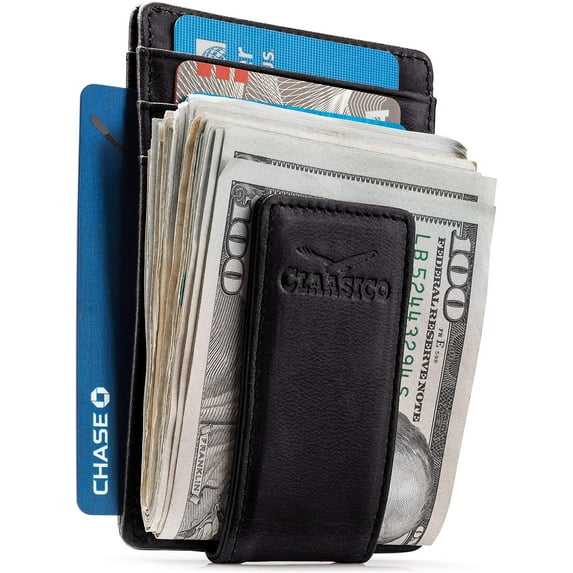 Money Clip Leather Wallet For Men Slim Front Pocket RFID Blocking Card Holder With Super Strong Magnetic