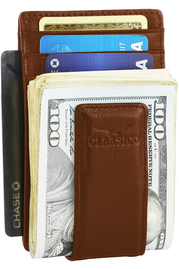 Money Clip Leather Wallet For Men Slim Front Pocket RFID Blocking Card Holder With Super Strong Magnetic