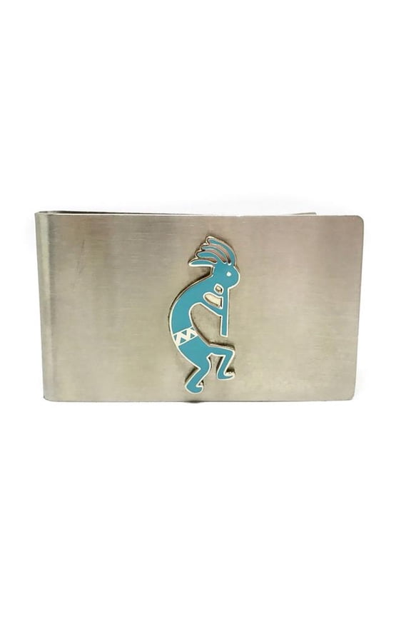 Money Clip in Brushed Stainless Steel Money Clip Kokopelli Emblem