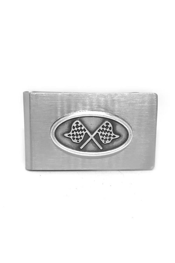 Money Clip in Brushed Stainless Steel Money Clip Racing Flags Emblem
