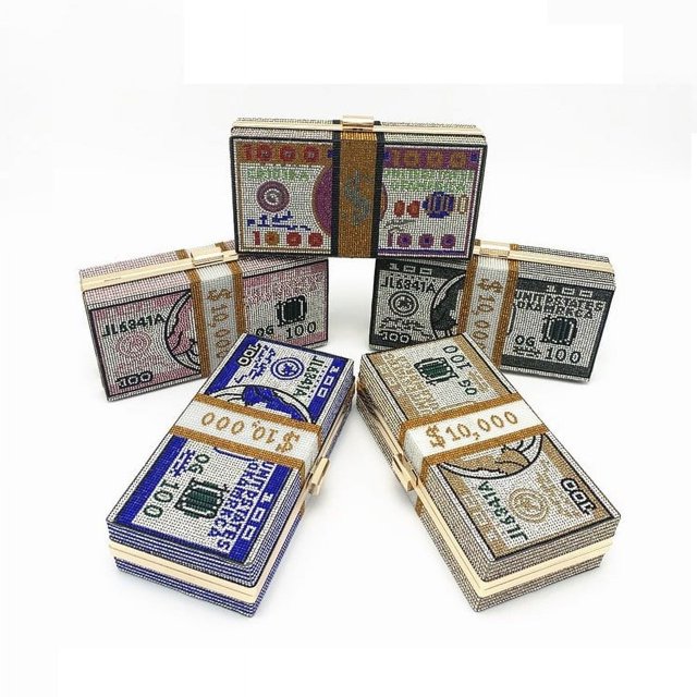 Money Clutch Rhinestone Purse 10000 Dollars Stack of Cash Evening