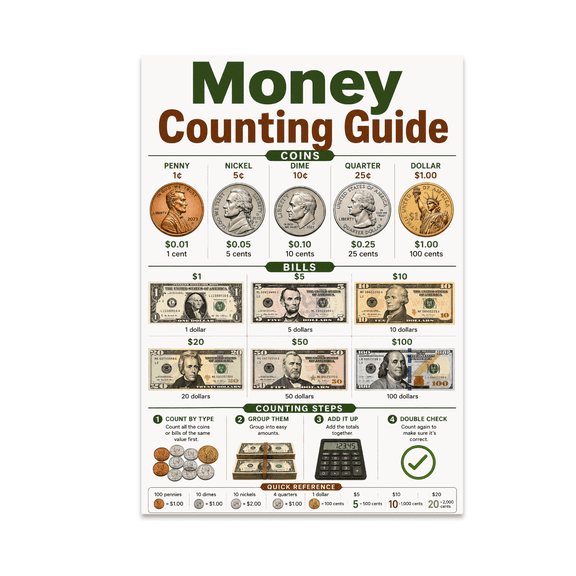 Money Counting Guide Poster - Educational Decor for Kids - 13x19 Poster Print