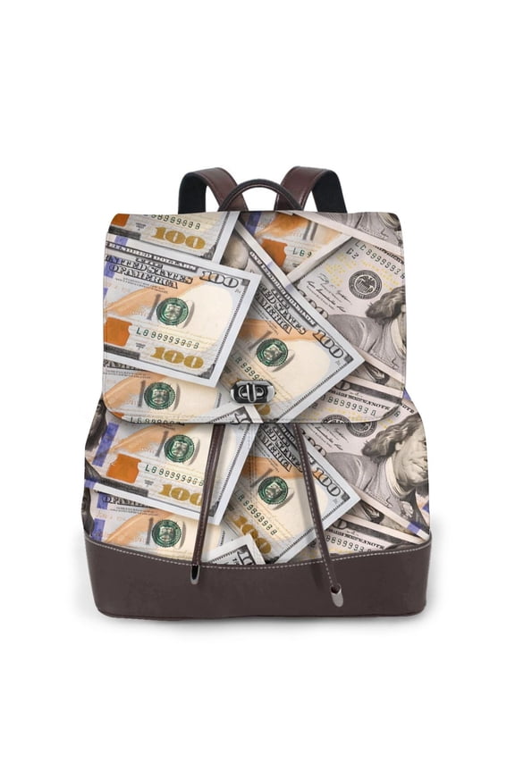 Money Dollar Cash Pattern Women's Leather Backpack All-Over Print Bag for Work and Travel