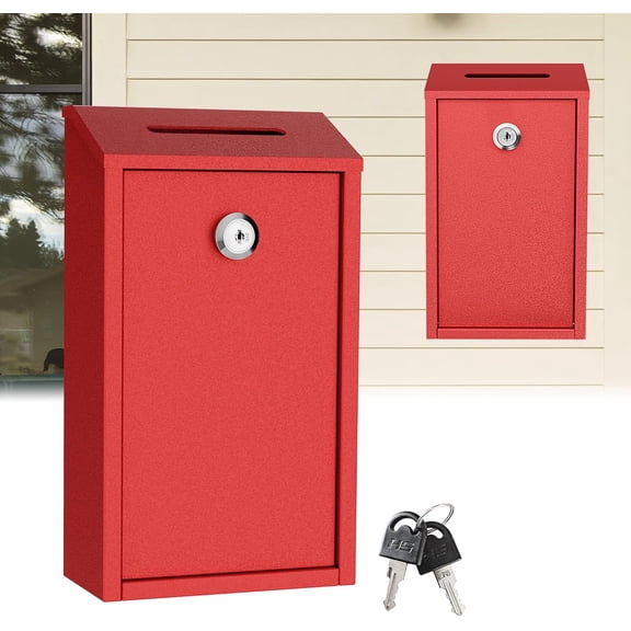 Money Drop Box with Lock and Slot, Money Lock Box with Slot on Top, Metal Donation Box for Money Collection, Wall Mounted Money Deposit Box, Farmstand Cash Suggestion Box for Home/Office/Outdoor -Red