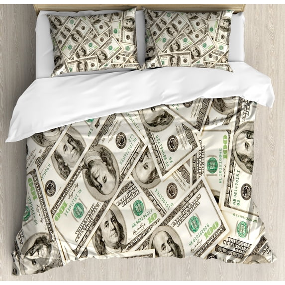 Money Duvet Cover Set Queen Size, Heap of Dollars Pattern Currency Pile with Ben Franklin Portrait Wealth Theme, 3 Piece Bedding Set with 2 Pillow Shams, Pale Green Grey, by Ambesonne
